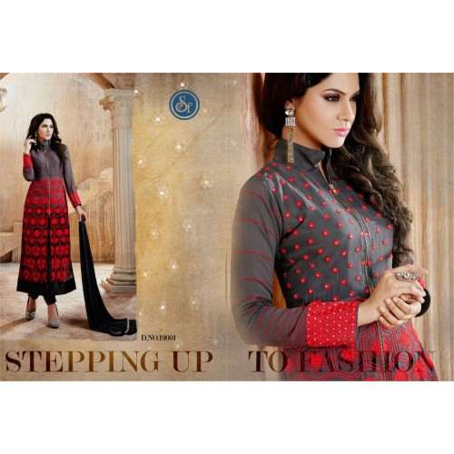 D.No.19001 Grey With Red Roles Churidaar Suit - Asian Party Wear