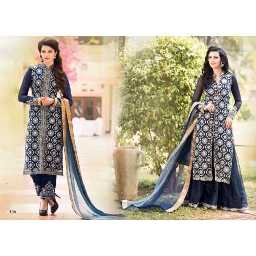 Dark Blue Arjaan 3 Georgette Long Length Designer Dress - Asian Party Wear