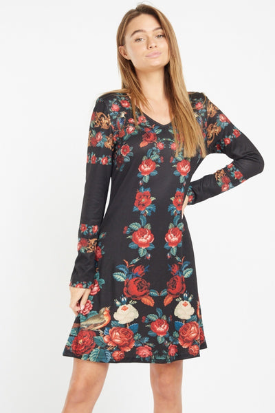 BLACK FLORAL PRINTED LONG SLEEVE A LINE DRESS - Asian Party Wear