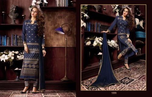 KIYAZA PENTAHOUSE DARK BLUE PURE COTTON SALWAR KAMEEZ SUIT - Asian Party Wear