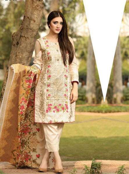 ZEA-D01 ESHA AISHA D01 PEACH BEIGE UNSTITCHED PAKISTANI POLY WOOL SHAWL SUIT - Asian Party Wear