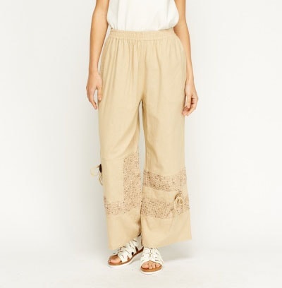 Off White Embroidered Hem Wide Leg Trousers - Asian Party Wear