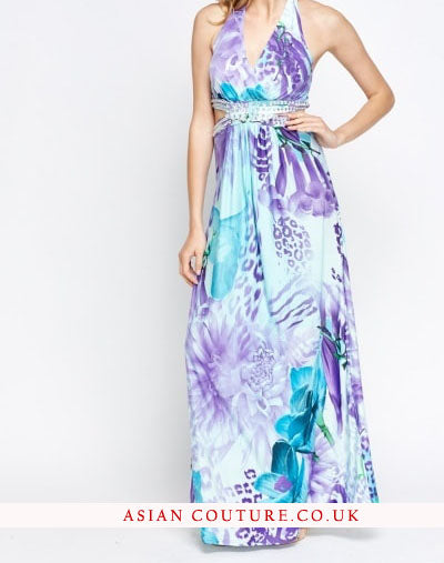 Lovely Encrusted Open Back Printed Maxi Dress - Asian Party Wear