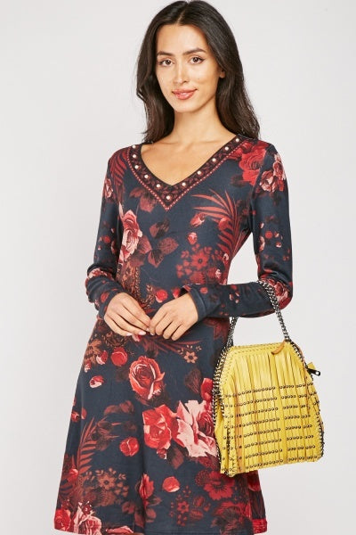 Charcoal Black Floral Printed V Neck Dress - Asian Party Wear