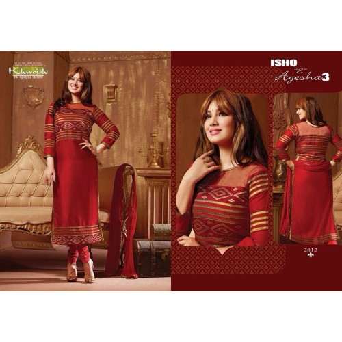 FIESTA RED AYESHA TAKIA PARTY WEAR ISHQ-E-AYESHA SEMI STITCHED SHALWAR KAMEEZ - Asian Party Wear