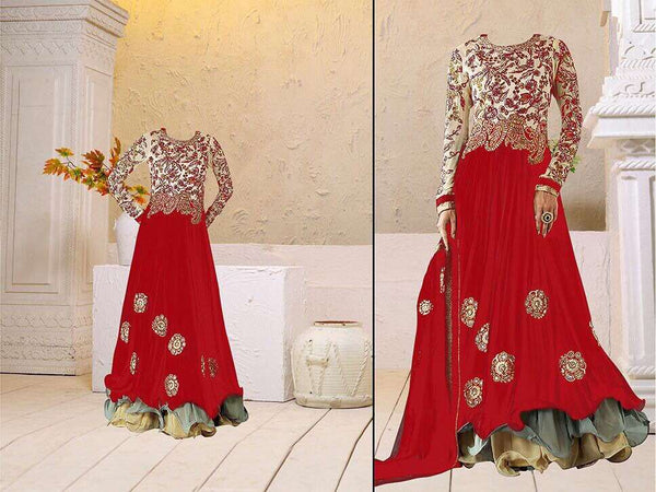 Fiesta Red Georgette Floor Length Anarkali Dress - Asian Party Wear