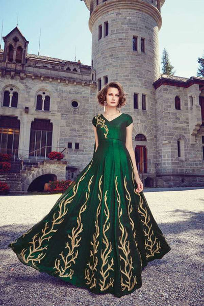 7377 GREEN FLORAL CARLA HEAVY EMBROIDERED WEDDING WEAR GOWN - Asian Party Wear