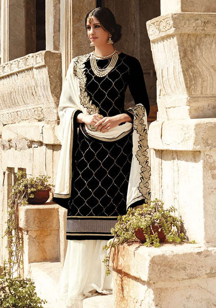 FL7310 BLACK FLORAL STRIAGHT CUT STYLE VELVET SUIT - Asian Party Wear