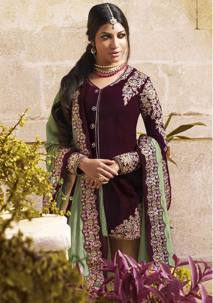 FL7313 PLUM FLORAL STRIAGHT CUT STYLE VELVET SUIT - Asian Party Wear