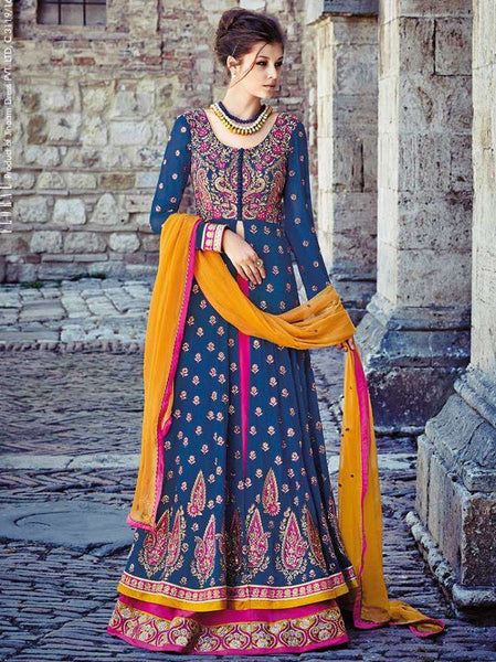 FL7349 SNORKEL BLUE AND PINK GEORGETTE FLORAL ANARKALI SUIT - Asian Party Wear