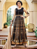 FL7352 BLACK AND GOLD GEORGETTE FLORAL ANARKALI SUIT - Asian Party Wear