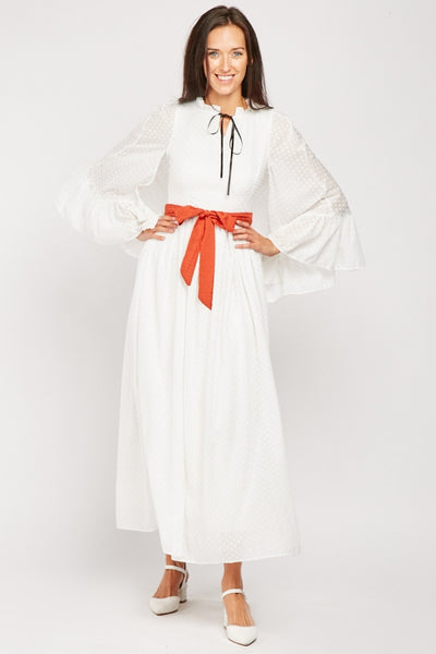 White Flared Sleeves Long Maxi Dress - Asian Party Wear