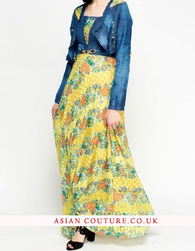 Stunning Floral Denim Bolero Maxi Dress - Asian Party Wear