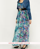 Floral Mesh Contrast Denim Jacket Dress - Asian Party Wear