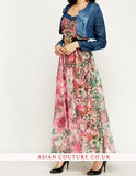 Floral Mesh Contrast Denim Jacket Dress - Asian Party Wear