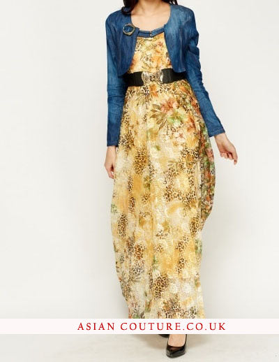 Floral Mesh Contrast Denim Jacket Dress - Asian Party Wear