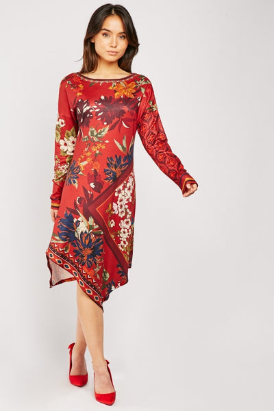 Brick Red Floral Printed Midi Dress - Asian Party Wear