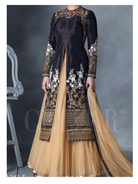 G1203 BLACK AND BEIGE HIRA GULZAR ANARKALI SUIT - Asian Party Wear