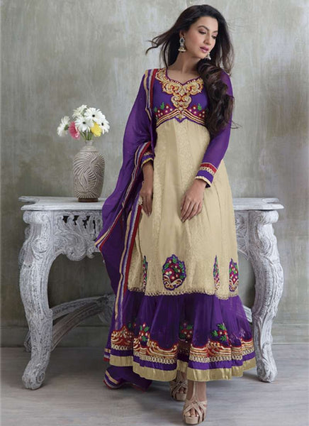 Gauhar Khan Beige And Purple Embroidered Anarkali Suit - Asian Party Wear