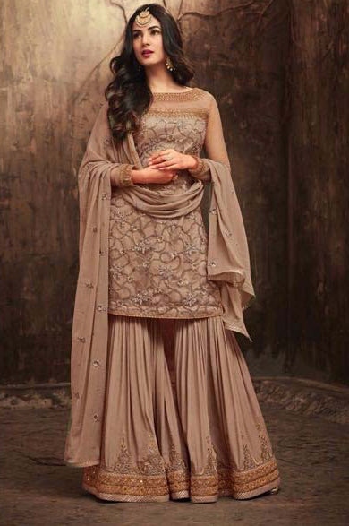 BEIGE INDIAN BEST SELLING GHARARA SUIT SEMI-STITCHED ( DELIVERY IN 2 WEEKS ) - Asian Party Wear