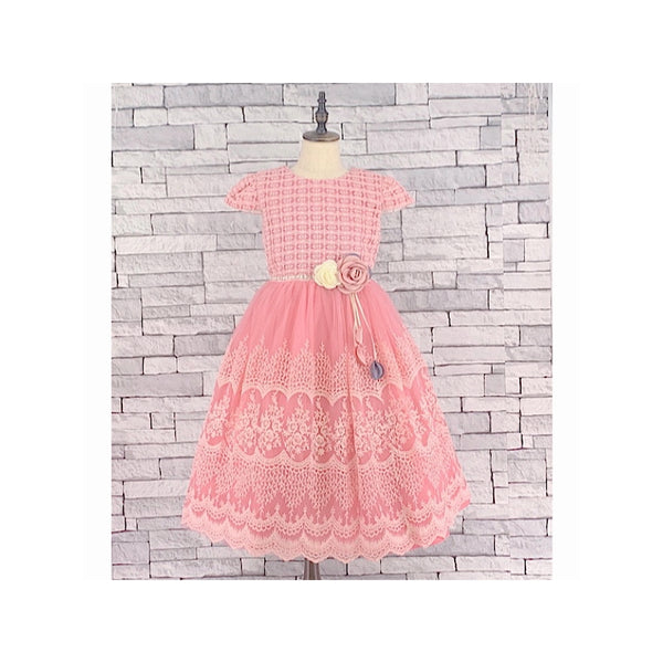 GIRLS B/PINK LACE PRINT TULLE DRESS (5-13 YEARS) - Asian Party Wear