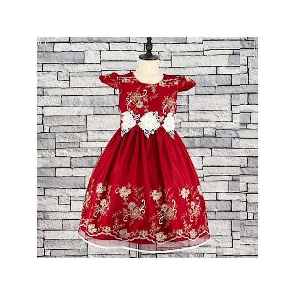 GIRLS RED FLORAL OVERLAY DRESS (3-13 YEARS) - Asian Party Wear