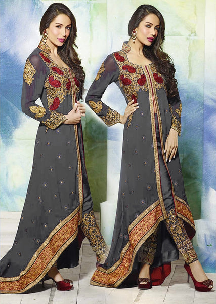 GL3801 GREY GLOSSY MALAIKA ARORA ANARKALI DRESS - Asian Party Wear