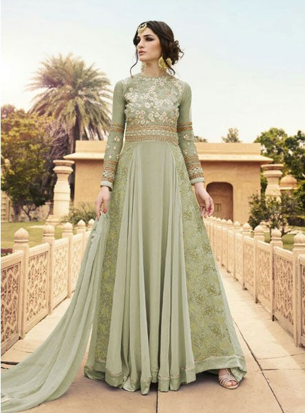 7108-C GREEN GLOSSY WEDDING WEAR LEHENGA GOWN - Asian Party Wear