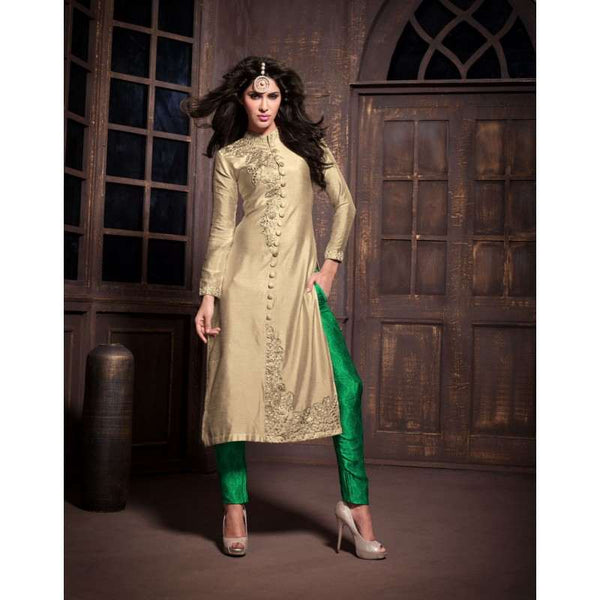 ZA14002 Gold and Green Maskeen Anaya senora Embroidered Designer Dress - Asian Party Wear