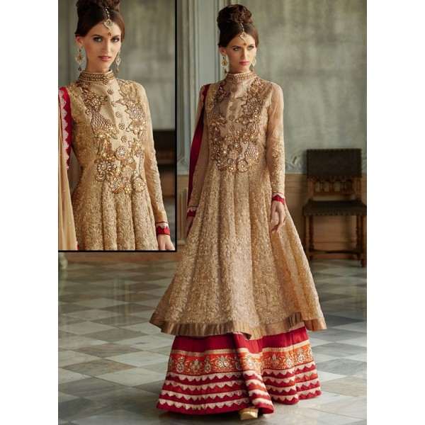 Golden DETAILED EMBROIDERED WEDDING WEAR DESIGNER ANARKALI - Asian Party Wear