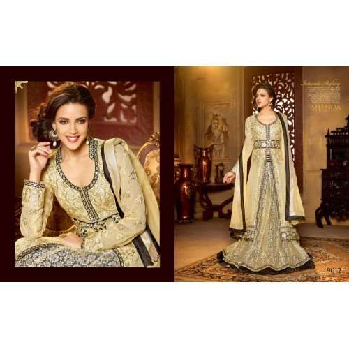 Golden SHENOA WEDDING WEAR HEAVY EMBROIDERED DESIGNER DRESS - Asian Party Wear