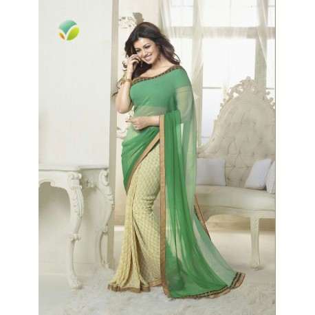 Z16176 Green and Cream Ayesha Takia "Sheesha Star Walk" Chiffon Georgette Party Wear Saree - Asian Party Wear