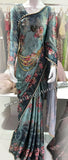 GREEN PAKISTANI DESIGNER FLORAL PRINTED SATIN SAREE - Asian Party Wear