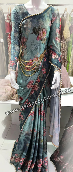 GREEN PAKISTANI DESIGNER FLORAL PRINTED SATIN SAREE - Asian Party Wear