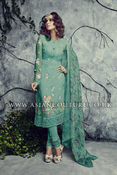 Green Indian Pakistani Georgette Churidar Party Wear Suit - Asian Party Wear