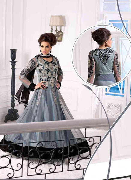 Grey and Black WEDDING WEAR GEORGETTE & NET LONG ANARKALI SUIT - Asian Party Wear