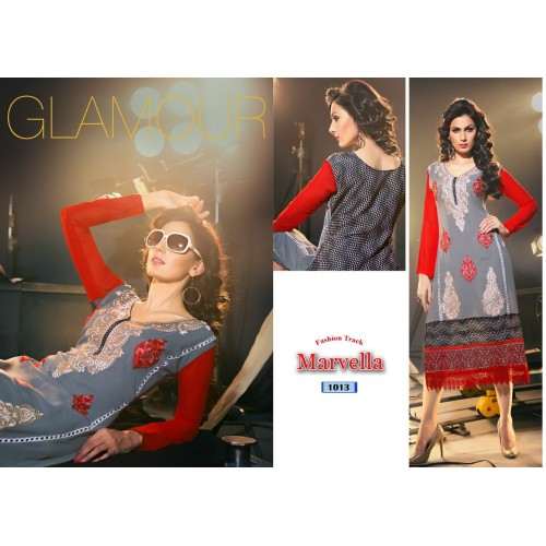 Grey and Red MARVELLA 4 PARTY WEAR GEORGETTE KURTI - Asian Party Wear