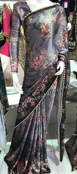 GREY PARTY WEAR FLORAL PRINTED SATIN SAREE - Asian Party Wear