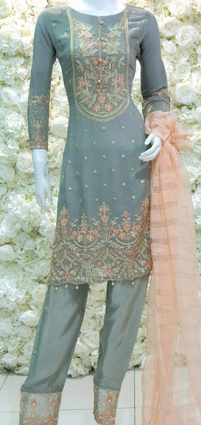 ZAS-SH-2 Grey Peach Readymade Chiffon Pakistani suit - Asian Party Wear