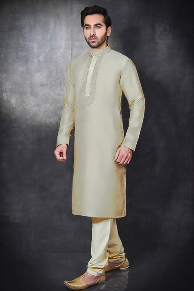 Grey Green Embroidered Men's Readymade Kurta Pajama Ethnic Menswear - Asian Party Wear