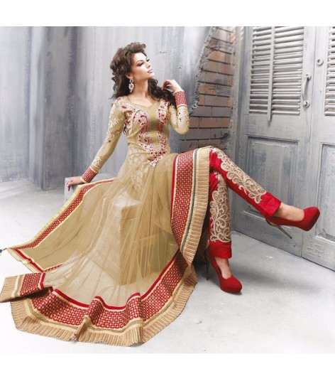 READYMADE GOLD AND RED ZOYA STYLE ANARKALI SUIT (LARGE) - Asian Party Wear