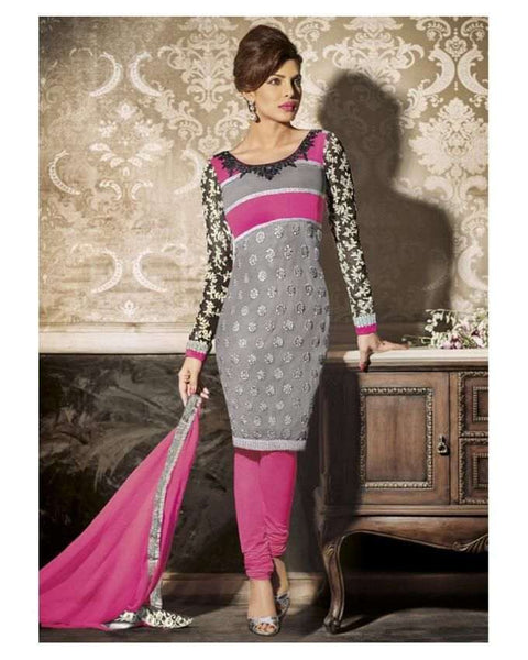 5127 SLEET GREY AND PINK HEROINE PRIYANKA CHOPRA GEORGETTE STRAIGHT CUT SUIT - Asian Party Wear