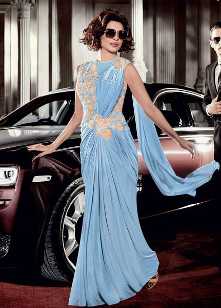 ZHR5120B BLUE PRIYANKA CHOPRA LYCRA SAREE STYLE GOWN - Asian Party Wear