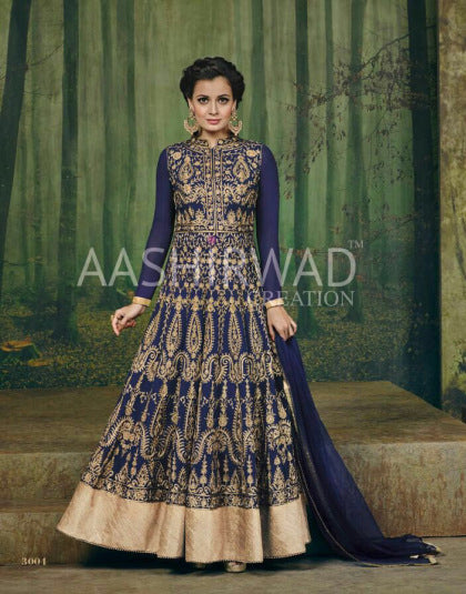 DIA MIRZA HEAVY EMBROIDERED WEDDING ANARKALI BLUE DRESS 3004 AASHIRWAD DIA MIRZA HEAVY EMBROIDERED WEDDING ANARKALI BLUE DRESS 3004 AASHIRWAD