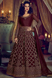 MAROON NIRVANA 5201 EMBROIDERED SLIT STYLE ANARKALI SEMI STITCHED GOWN ( DELIVERY IN 2 WEEKS ) - Asian Party Wear