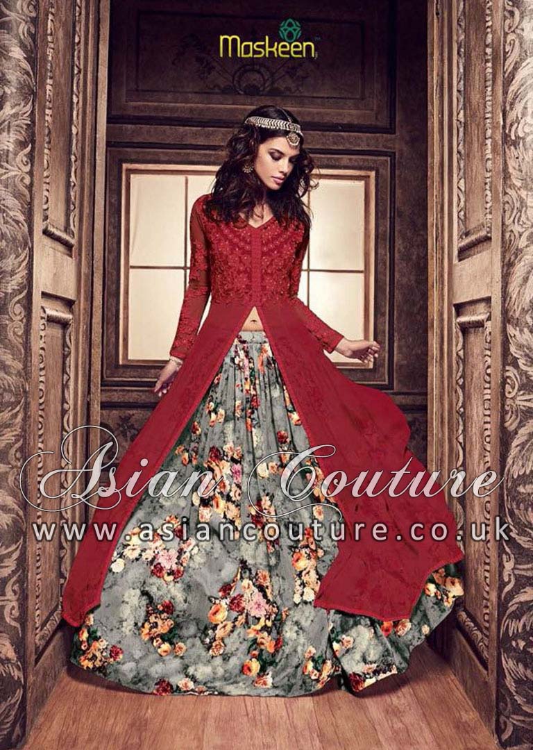 3701-B RED AND GREY MAISHA MASKEEN SILK PRINTED STYLISH LEHENGA