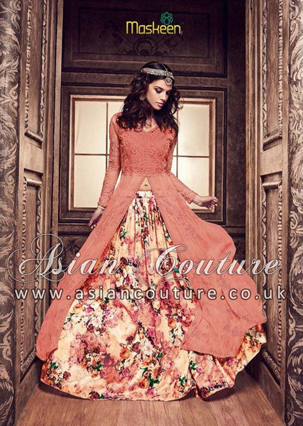 3701-A PEACH MAISHA MASKEEN SILK PRINTED STLYISH LEHENGA - Asian Party Wear