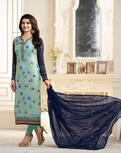 6366 BLUE AND LIGHT TURQUOISE KASEESH VICTORIA PARTY WEAR STRAIGHT CHURIDAR SALWAR KAMEEZ - Asian Party Wear