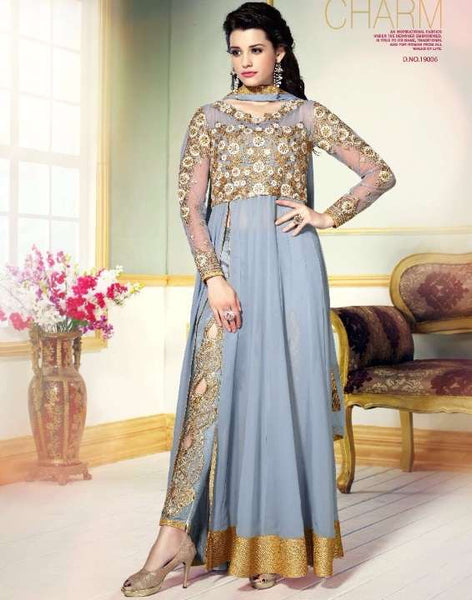 L19006 SERENITY BLUE LAVINA HEAVY EMBRIODERD DESIGNER DRESS - Asian Party Wear