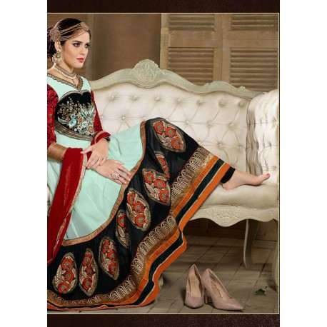 Light Blue and Black SHABANA BY SAINX DESIGNER WEAR ANARKALI - Asian Party Wear